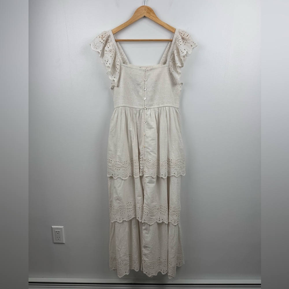 Cleobella Women Taryn Eyelet Ruffled Tiered Ivory Cotton Midi Dress Size Medium